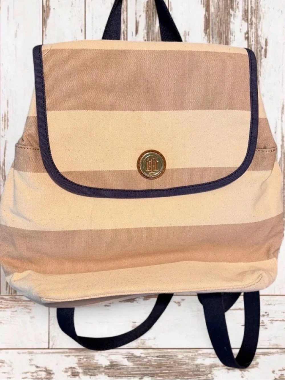 Tommy Hilfiger Beige and Navy Striped Canvas Backpack